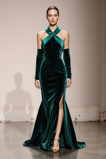 Halter Dark Green Mermaid Velvet Evening Dress